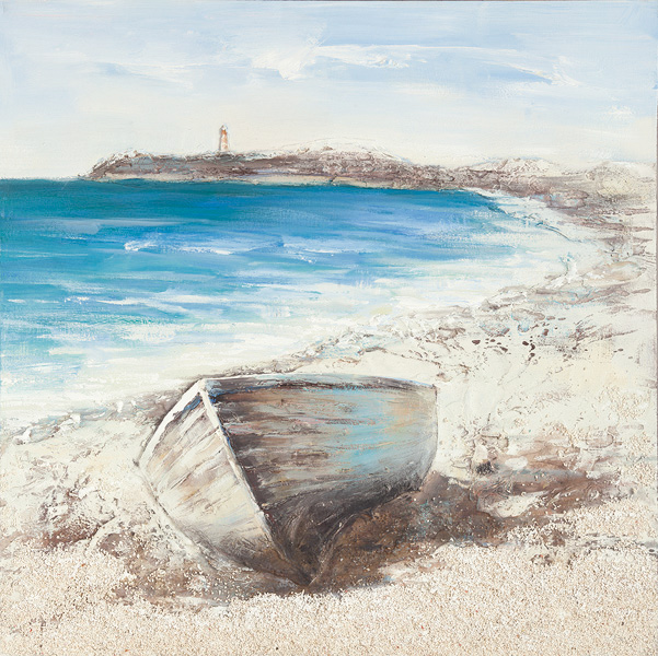 PXYW579B Wall décor art oil on canvas seascape boat on beach blue white tones
